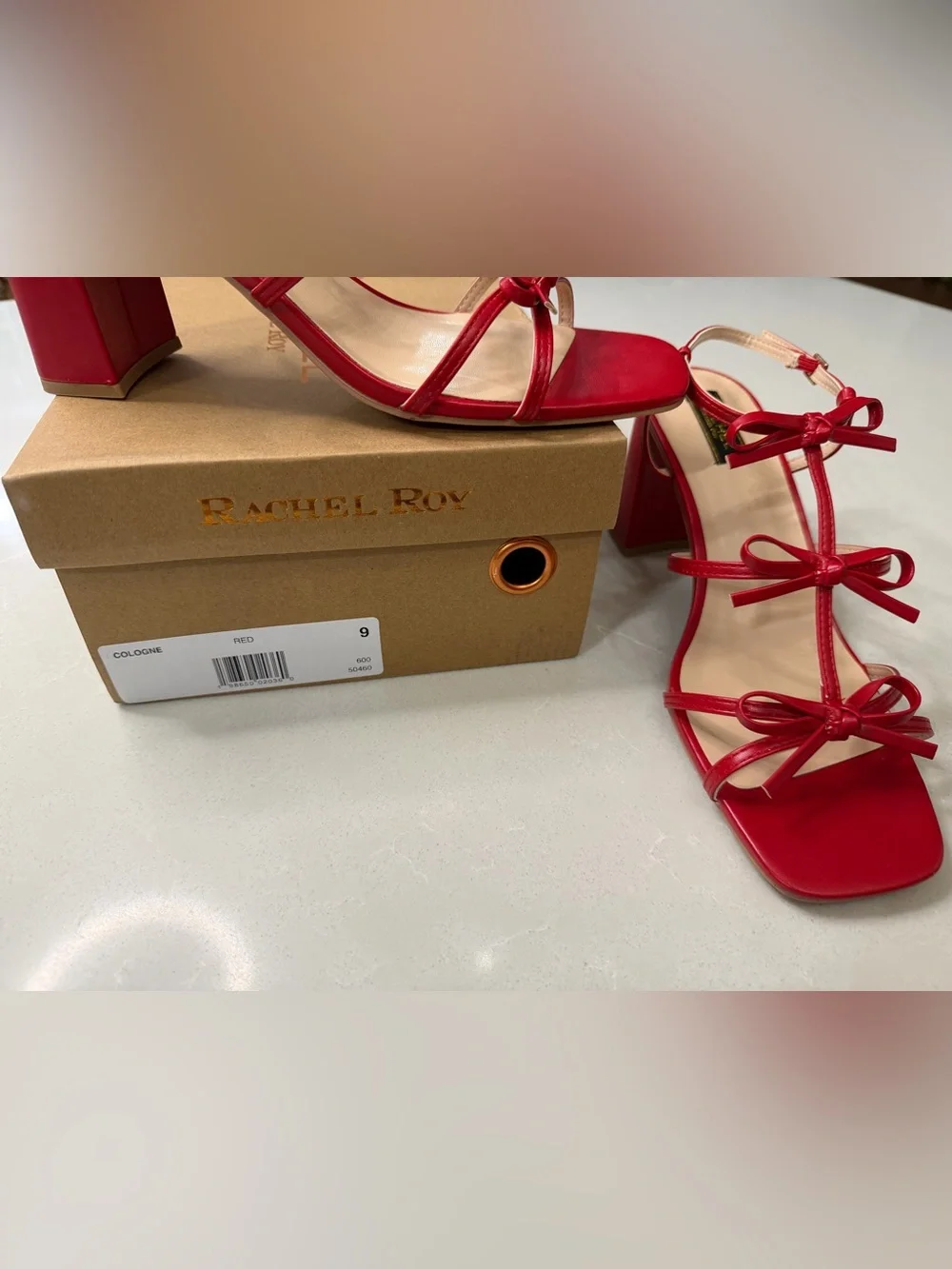 RACHEL Rachel Roy Cologne Bow Block Heel Sandals Red Defect on Heel, Size 9